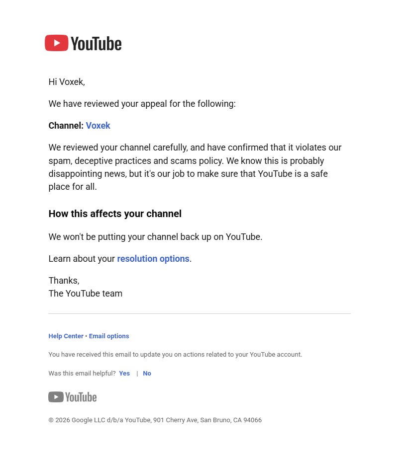 voxekYT's tweet photo. Please STOP and read this BS!🙏

YouTube terminated me for “spam, scams & deceptive practices.” Meanwhile, the exact same videos are still live and performing well on Instagram, TikTok, and Facebook.

I requested an internal “human” review almost 10 times. And each time it got rejected, and they refused to give a clear reason other than the vague "spam, scams & deceptive practices."

YouTube previously told me reviews use a mix of AI and humans. Now they claim only humans review appeals. Which is it?

This bitch-ass platform can’t even keep its story straight. 

@TeamYouTube @YouTubeLiaison @YouTubeCreators, fix this shit and give my channel a real review.