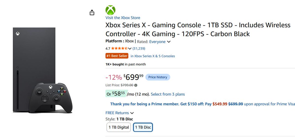 videogamedeals's tweet photo. Xbox Series X - Gaming Console - 1TB SSD - Includes Wireless Controller - 4K Gaming - 120FPS - Carbon Black $699.99 via Amazon (Prime Eligible). #ad https://t.co/c4al88csxS

Yes, it's $100 Off MSRP https://t.co/y9L42cU0F2