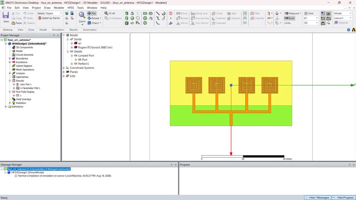 adityamalagi64's tweet photo. Wrapped up my patented 4-element SRR antenna array — ~5.8GHz resonance, -21.8dB return loss, 3.5dB peak gain 📡
Corporate-fed design, simulated end-to-end in ANSYS HFSS on Rogers RT/duroid 5880.
Building toward VLSI Design Verification + RF work .
#AntennaDesign #HFSS #Patent https://t.co/5p7twf7Sbe