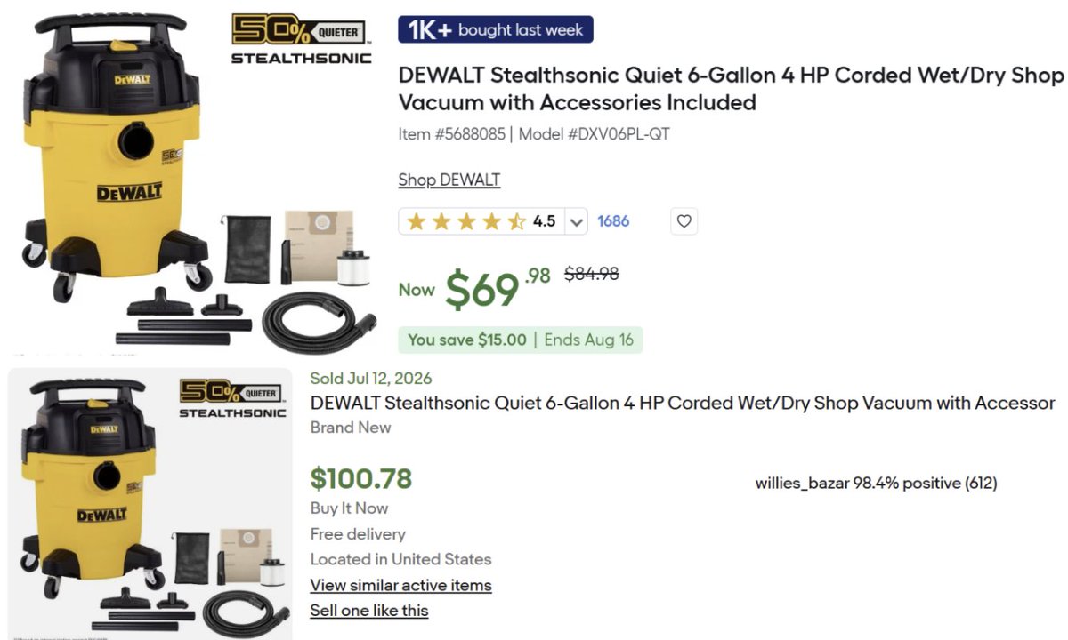 Pricerrors's tweet photo. DEWALT 6-GALLON SHOP VACUUM ALL-TIME LOW

Includes all accessories and is on sale for $69 TODAY only 

https://t.co/m1qRvUIAtf

Same combo sold for $100+ on eBay recently

Free shipping included at Lowe's, other sizes also on sale #ad https://t.co/cErczOEYMb