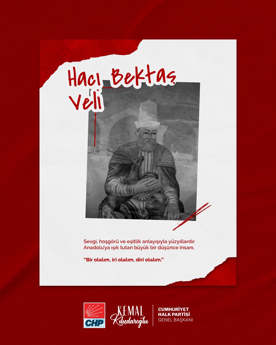 kilicdarogluk's tweet photo. Hacı Bektaş Veli’nin yüzyıllar öncesinden bizlere bıraktığı en büyük miras; ayrıştırmak değil birleştirmek, ötekileştirmek değil kucaklamak, kin değil sevgiyi büyütmektir.

“Bir olalım, iri olalım, diri olalım” anlayışı bugün de yolumuzu aydınlatmaya devam ediyor.

Hacı Bektaş Veli’nin hoşgörü, kardeşlik, adalet ve insanı merkeze alan felsefesiyle; farklılıklarımızı zenginlik bilerek, aynı sofrada, aynı gönülde buluşacağımız aydınlık yarınları hep birlikte kuracağız.

Hacı Bektaş Veli’yi sevgi, saygı ve rahmetle anıyor; Hacıbektaş’tan yükselen barış ve kardeşlik çağrısını yüreğimizde taşıyoruz.