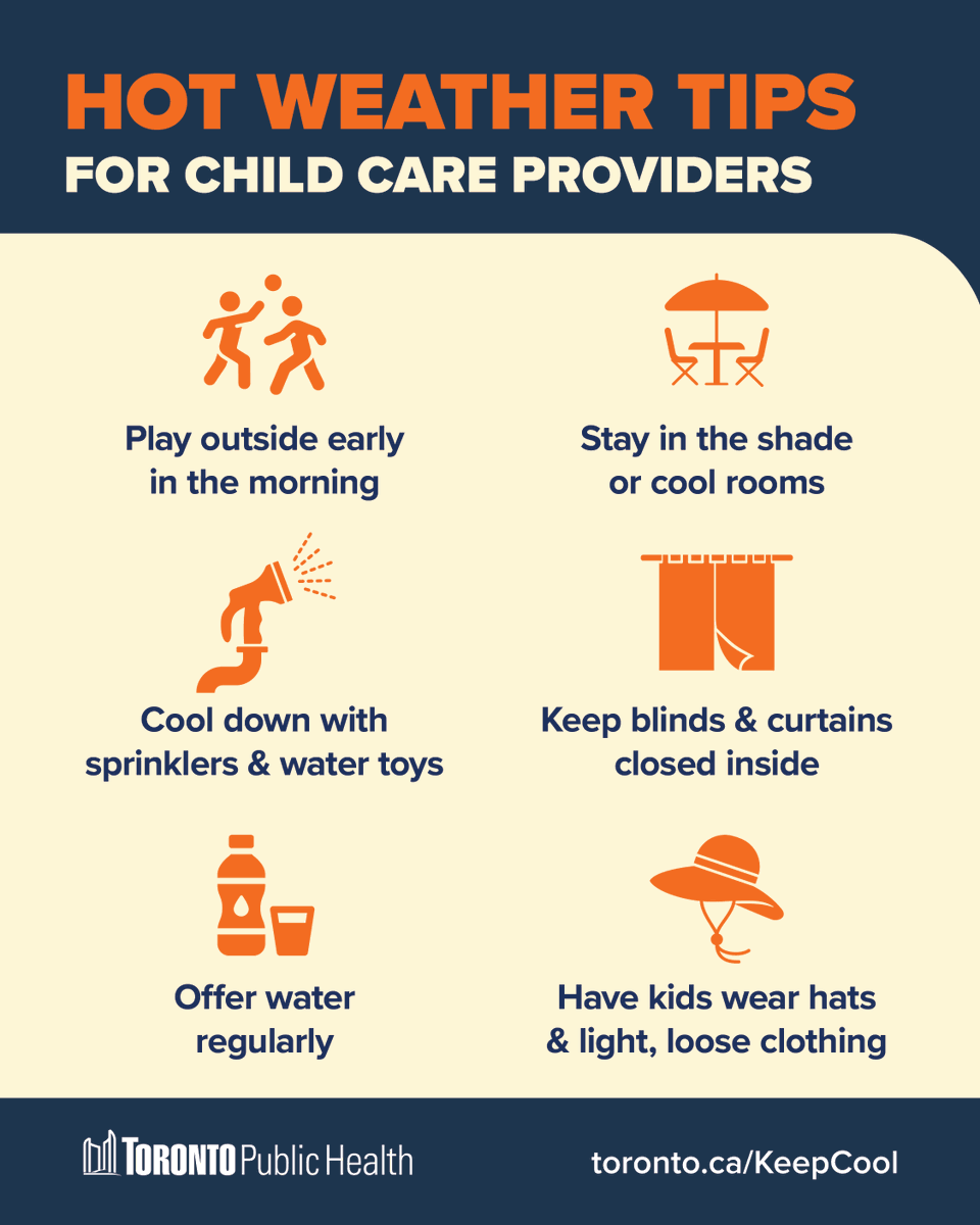TOPublicHealth's tweet photo. Hot days can be hard on little ones.
Have a plan to help kids #KeepCool & stay safe.
Get more tips for child care centres: https://t.co/5OUwHLRFNo https://t.co/42pxjHzLAQ