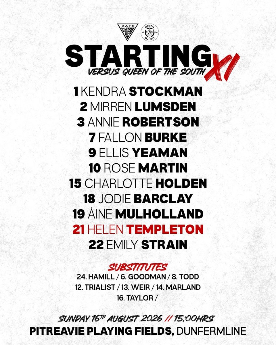 officialdawfc's tweet photo. Your Pars ππππ«ππ’π§π ππ for todayβs visit of Queen of the South in Fife.
ππ» Yeaman starts
π€π» Burke keeps her spot
ππ» Goodman among the subs
DUN v QOS | #DAWFC | @SWFleagueOne https://t.co/PMP539LEgN