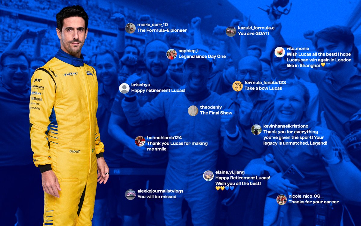 LolaFormulaE's tweet photo. We asked you for messages to go on Lucas’ halo for his special London livery. 💛

Here are some of the responses we received, choosing “Lucas, your legacy is unmatched” felt very fitting.
@LucasdiGrassi - one last race in your legendary career. It’s been a pleasure. 🤝

#FormulaE https://t.co/xSXfPwujv6
