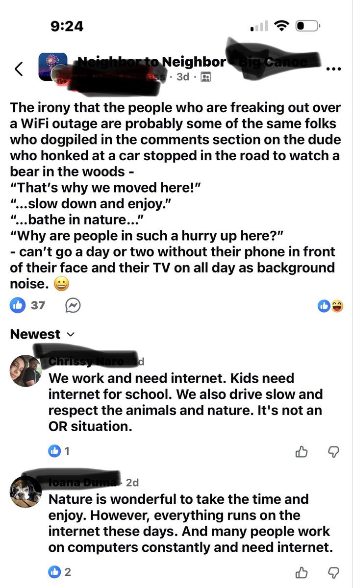 ZepFan2020's tweet photo. @TheJeffPutnam @AbeLincolnlives Similar experience on a mountain neighborhood forum. Dude blocks road to gawk at a bear. Gets honked at. Complains. Others chime in with support. WiFi goes out for 32 hrs. 80% of the community freaks out. I point this out and I get attacked because they miss the point entirely. https://t.co/XKXyyRm97C