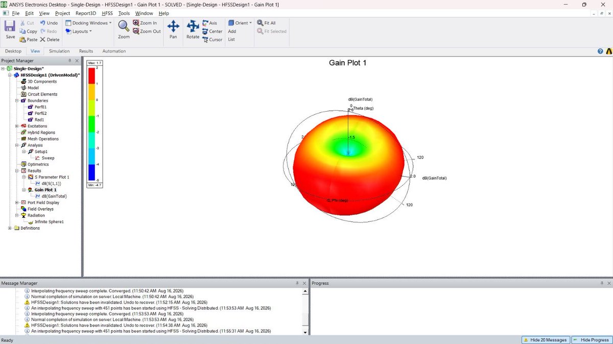 adityamalagi64's tweet photo. Designed a 28GHz meander-slot microstrip patch antenna in HFSS
— S11 of -20.15dB, single-lobe gain pattern, 1.7dB peak gain 📡
Single-fed, simulated on Rogers RT/duroid 5880 for 5G mmWave applications
#RFEngineering #AntennaDesign #HFSS #5G https://t.co/dSQoJFXSyZ