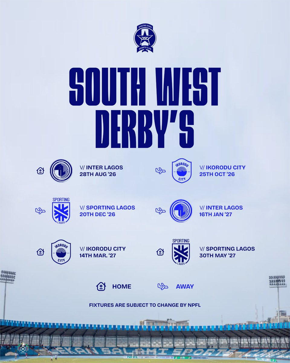 ShootingSc's tweet photo. SOUTH WEST DERBYS π΅
The 2026/27 NPFL season brings six South West derbies.
#3SC | #UpShooting | #NPFL27 https://t.co/Q5sVhoAAmy