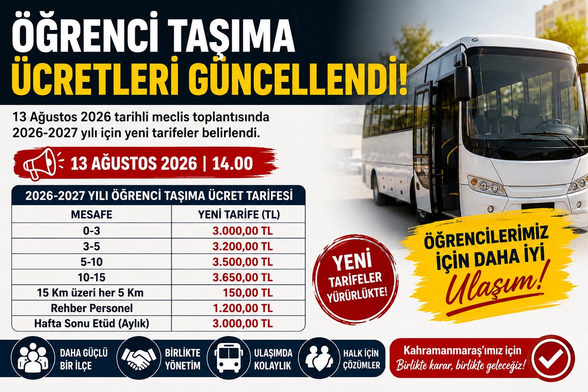 TurkogluTv's tweet photo. ÖĞRENCİ SERVİS ÜCRETLERİ GÜNCELLENDİ

Kahramanmaraş’ta 2026-2027 eğitim öğretim yılı öğrenci taşıma ücret tarifesi belli oldu.

13 Ağustos 2026 tarihli meclis kararına göre yeni aylık tarifeler şöyle: https://t.co/Zm1KDbgQ8o