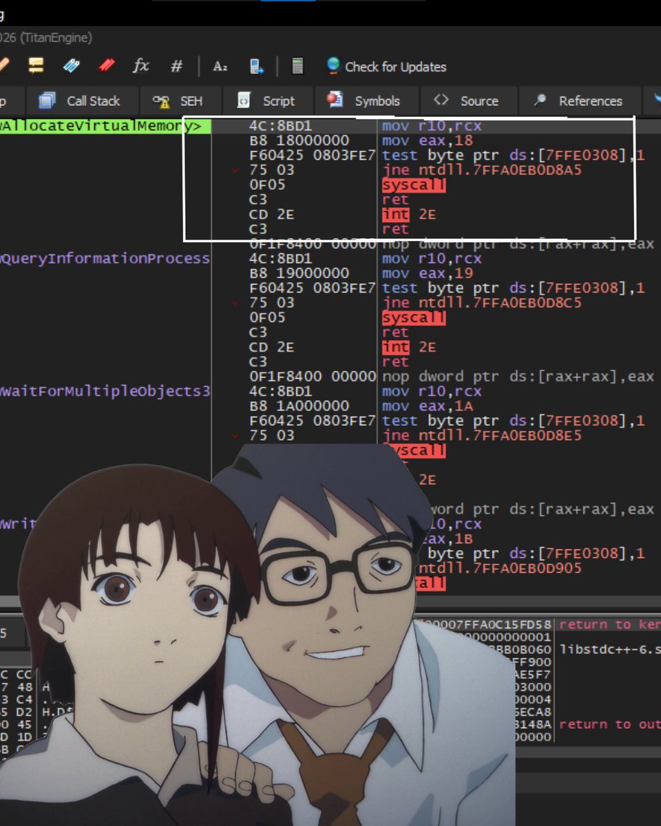 lookatrobot's tweet photo. I found `syscall` for `AllocateVirtualMemory` in debugger.
.
.
#debugging #lain #anime #cpp #reverseengineering #lowlevel #windows #analysis https://t.co/zubH2kh64w