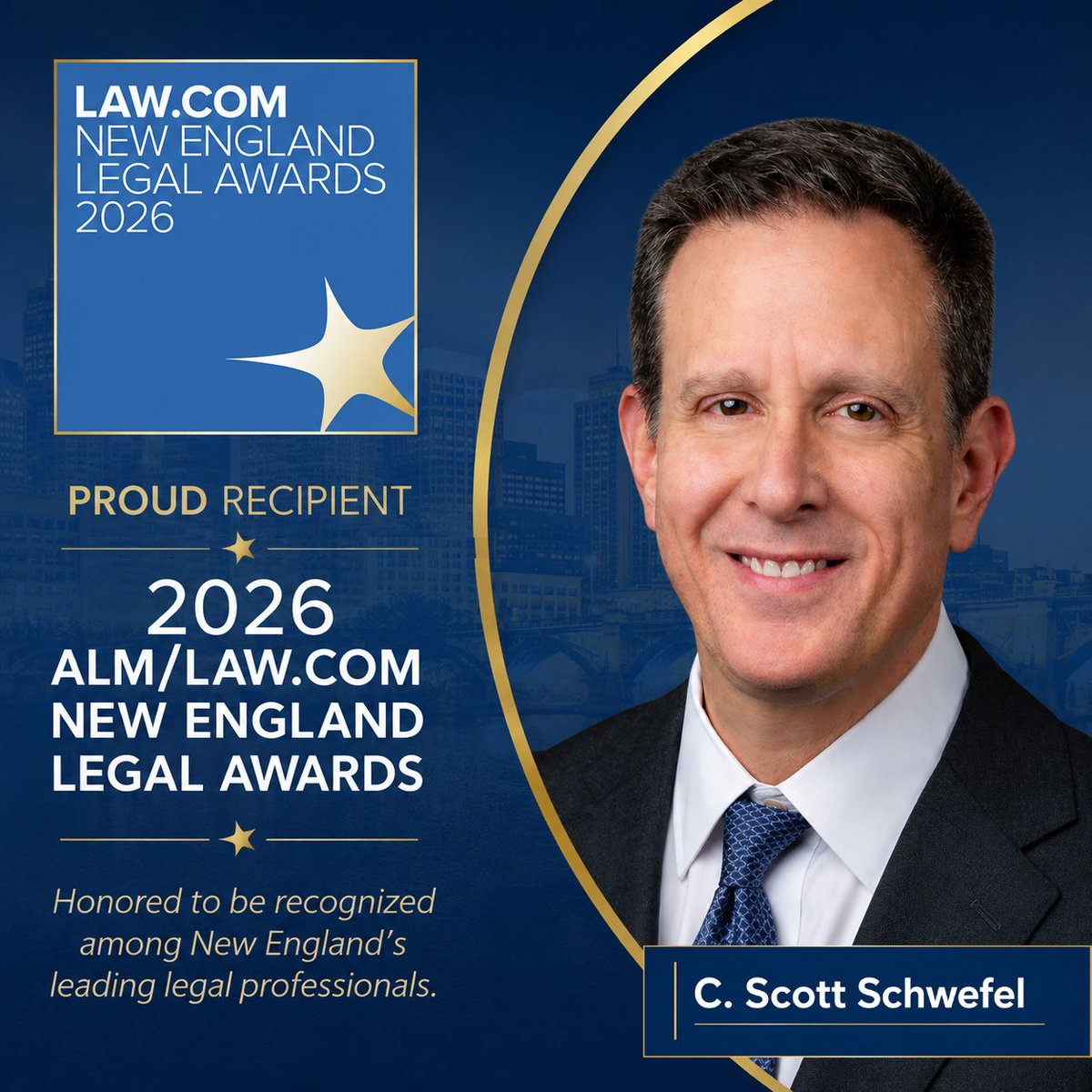 scottschwef's tweet photo. I’m thrilled to share I’ve been selected for recognition in the 2026 New England Legal Awards, presented by ALM/Law.com. A list of honorees may be found at the following link: https://t.co/uCYSKUVBCW https://t.co/kcDeHWFCGq