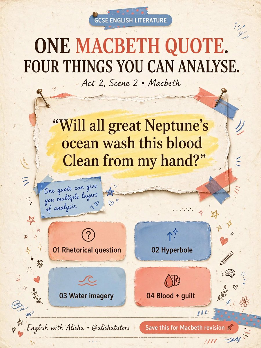xlishaa_06's tweet photo. One Macbeth quote. FOUR analysis routes 📚

“Will all great Neptune's ocean wash this blood / Clean from my hand"

Save this for revision! Need GCSE English help? DM me here or @alishatutors on TikTok/Instagram.

#GCSEEnglish #Macbeth https://t.co/OrH1KlkDMx