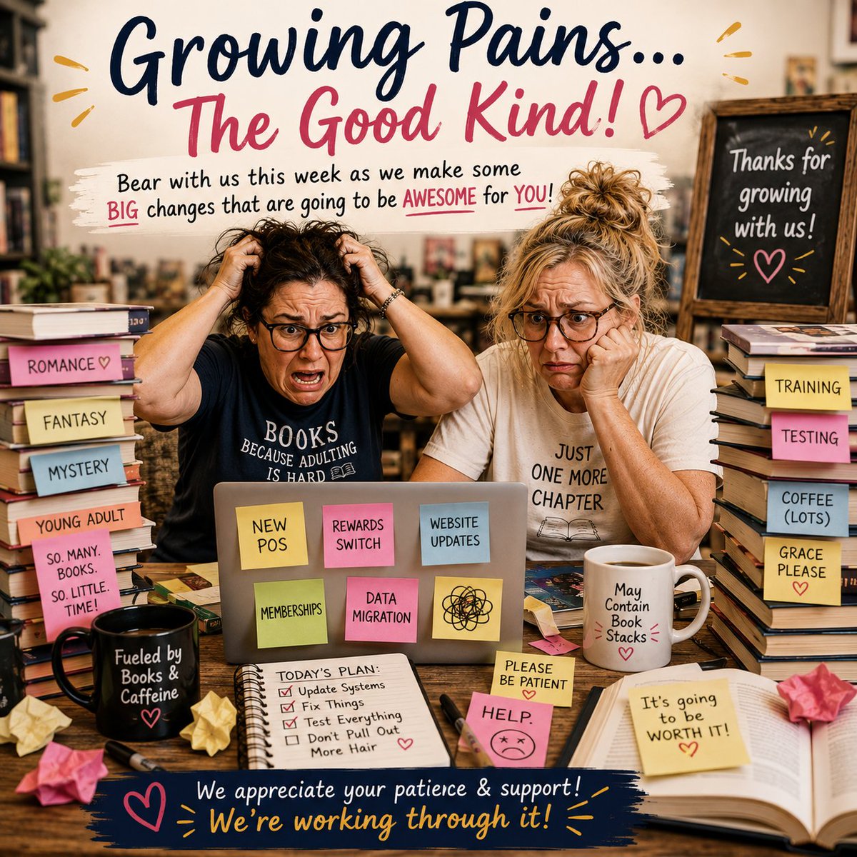 MainStreetReads's tweet photo. Growing Pains… The Good Kind!? If you see us looking a little frazzled  over the next week—or possibly staring at a computer screen like it has  personally betrayed us—there’s a reason - but we're doing it all for  you! https://t.co/1pah8FteXg

#keepitsummerville #readerscommunity #welovereaders
