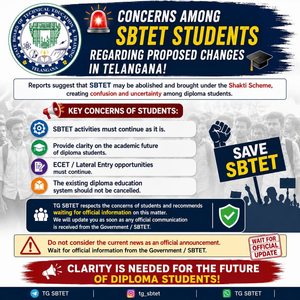 TGSBTET's tweet photo. 🚨 SBTET Students Concerned Over Proposed Changes in Telangana! 🎓

Reports about possible changes to Telangana SBTET have created confusion among diploma students.

#TGSBTET #SBTET #DiplomaStudents #Telangana #ECET #LateralEntry #DiplomaEducation #SaveSBTET https://t.co/UhHVos4Wwa