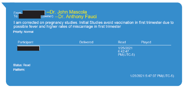 SenRonJohnson's tweet photo. MORE NEWS: Today, @SenRandPaul and I released additional context to Dr. Fauci’s message to Drs. Vivek Murthy and Rochelle Walensky expressing concerns about mRNA COVID shots “theoretically” resulting in “miscarriage in the 1st trimester.”
 
On January 25, 2021, Dr. John Mascola, the then-Director of the Vaccine Research Center at the National Institute of Allergy and Infectious Diseases, texted Dr. Fauci: “I am corrected on pregnancy studies. Initial Studies avoid vaccination in first trimester due to possible fever and higher rates of miscarriage in first trimester[.]”

I am hoping Dr. Mascola will fully cooperate by talking to us and clarifying what this text means.
(1/2)🧵