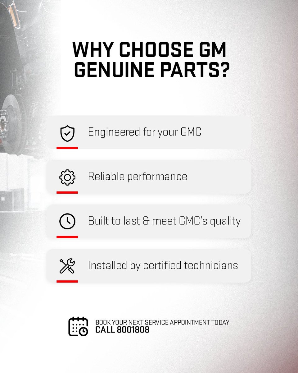 GmcQatar1's tweet photo. حافظوا على أداء GMC بأفضل حالاته مع قطع غيار GM الأصلية، المصممة لتوفير التوافق المثالي، والجودة الموثوقة، والأداء طويل الأمد مع تركيب على يد فنيين معتمدين.

#GMC #GMGenuineParts

احجز موعد الصيانة القادم اليوم. اتصل على 8001808. https://t.co/8bXcm5vcr8