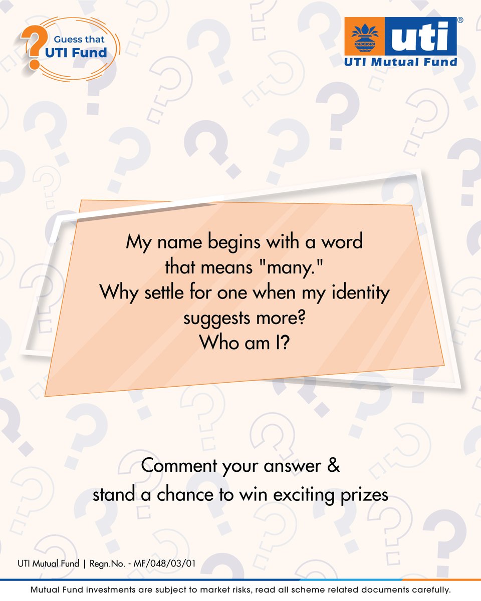 utimutualfund's tweet photo. #GuessThatFund Question 4 - Drop the answer in comments and stand a chance to win a prize! 
• Comment your answer
• Tag 3 friends
• Follow UTI MF

Contest terms & conditions: https://t.co/3Nf0sc1gOG

#UTIMutualFund #GuessThatFund #QuizContest 

[ Investment, Mutual Funds, Contest, Wealth, Finance ]