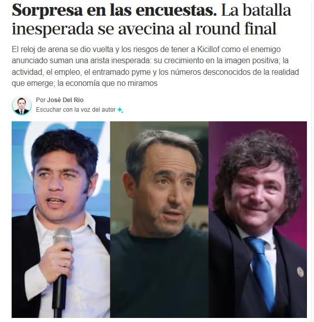 CarlosMaslaton's tweet photo. La Argentina del establishment y la Argentina antiperonista deben entender por qué pasa esto que describe Del Río en La Nación, el ascenso de Kicillof y la caída de Milei. Y pasa por lo que esas Argentinas creen que está bien y es el programa económico: éste ha fracasado completamente y conduce al país hacia la baja. Imposible que fuera de otra manera, y así fue advertido debidamente desde estas columnas a partir de diciembre de 2023. Cómo se les ocurrió que reflotar al plan cambiario, monetario y de deuda pública de Videla y Martínez de Hoz, 50 años después, podría funcionar? Ambas Argentinas, y el gobierno todo, están completamente equivocados (y/o defienden intereses antiargentinos) si creen que fijando artificialmente tipo de cambio bajo y pagando intereses para así mantener endeudado al estado infinitamente se puede lograr algo beneficioso en vez de fundición, destrucción y pobreza. Milei podría haber revertido su error inicial al menos en octubre de 2025, pero no quiso proceder y dejó que sus actos siguieran beneficiando exclusivamente a los artífices de la bicicleta financiera explotadora del trabajo y la producción ajenas.
