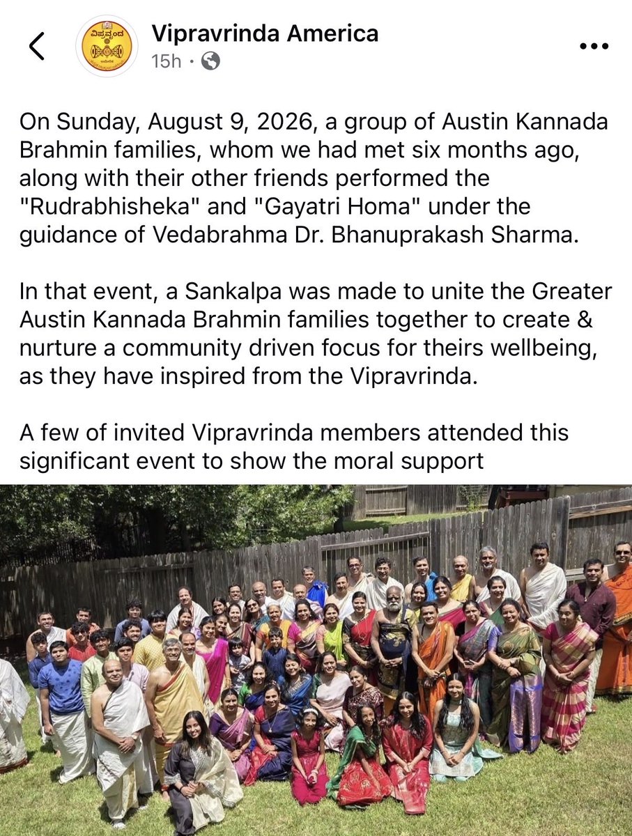 PlumbNick's tweet photo. This is not assimilation.
Austin just hosted a full-blown “Rudrabhisheka & Gayatri Homa” for Kannada Brahmin families so they can “unite the Greater Austin Kannada Brahmin community” and preserve their caste lifestyle in America.
They’re not becoming Texans.
They’re building a parallel society on Texas soil, complete with its own rituals, network and next-generation pipeline.
Vipravrinda exists for one reason: keep the Trimathasta Kannada Brahmin identity intact while living here. That’s the mission statement in plain English.
America doesn’t need imported caste clubs.
Texas doesn’t need ethnic enclaves that refuse to melt.
If you came here for the opportunity, become American.
If you came here to recreate the old country with better air conditioning, you failed the test.