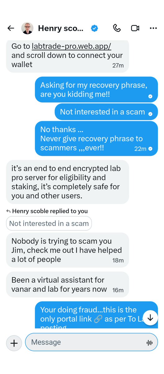 JimN437358's tweet photo. @LABtrade_ This guy gives a link to claim but wants 12 word recovery phrase...what kind of scam is he pulling? https://t.co/0IUhu69EEM