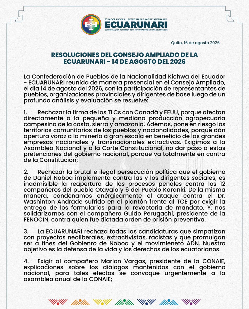 ecuarunari_ofic's tweet photo. ⭕️ #Resoluciones | Resoluciones del Consejo Ampliado de ECUARUNARI, desarrollado en la provincia de Cotopaxi, con la participación de toda la estructura organizativa.
#ECUARUNARI #Derechos #Territorios https://t.co/gGi58t5Rrb