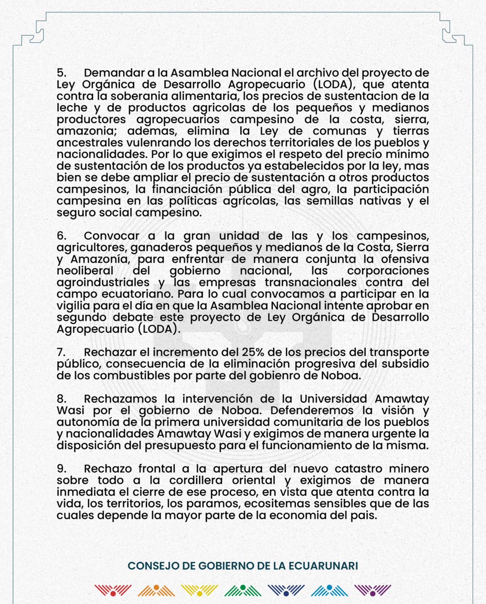 ecuarunari_ofic's tweet photo. ⭕️ #Resoluciones | Resoluciones del Consejo Ampliado de ECUARUNARI, desarrollado en la provincia de Cotopaxi, con la participación de toda la estructura organizativa.
#ECUARUNARI #Derechos #Territorios https://t.co/gGi58t5Rrb