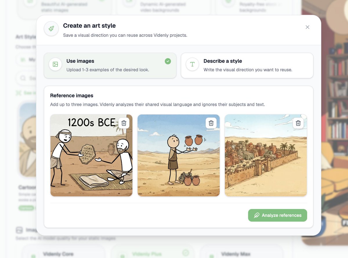 videnlyAI's tweet photo. We now allow you to create and reuse your own art styles.

Turn written ideas or reference images into a visual style that you can use for future projects. https://t.co/TEhmvAu2sC