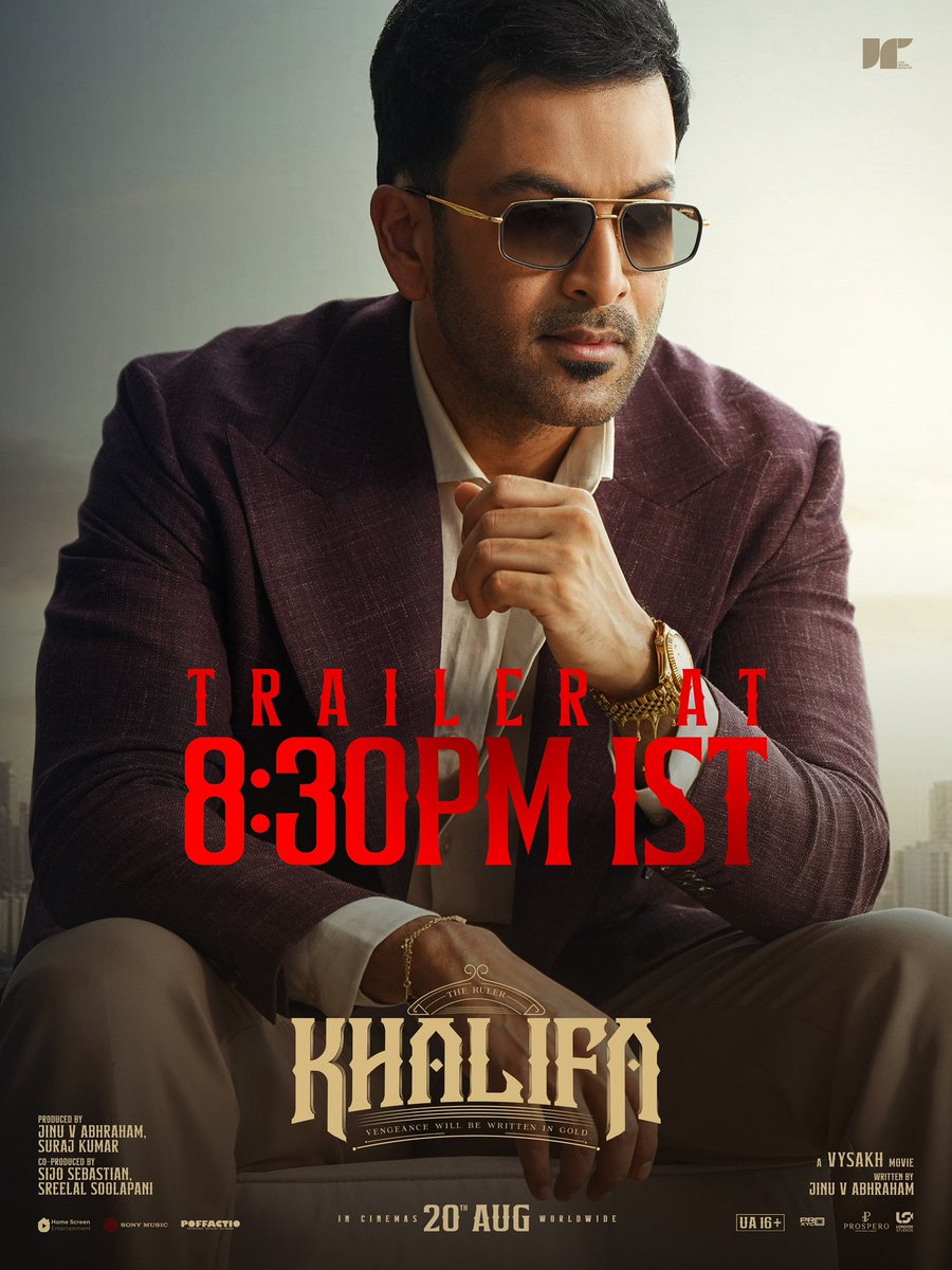 PrithviOfficial's tweet photo. #KHALIFA trailer at 8:30PM IST! 

Booking Link - https://t.co/2ZWzgORUnZ

In theatres worldwide from 20th August 2026! https://t.co/XRCsA1vN4c