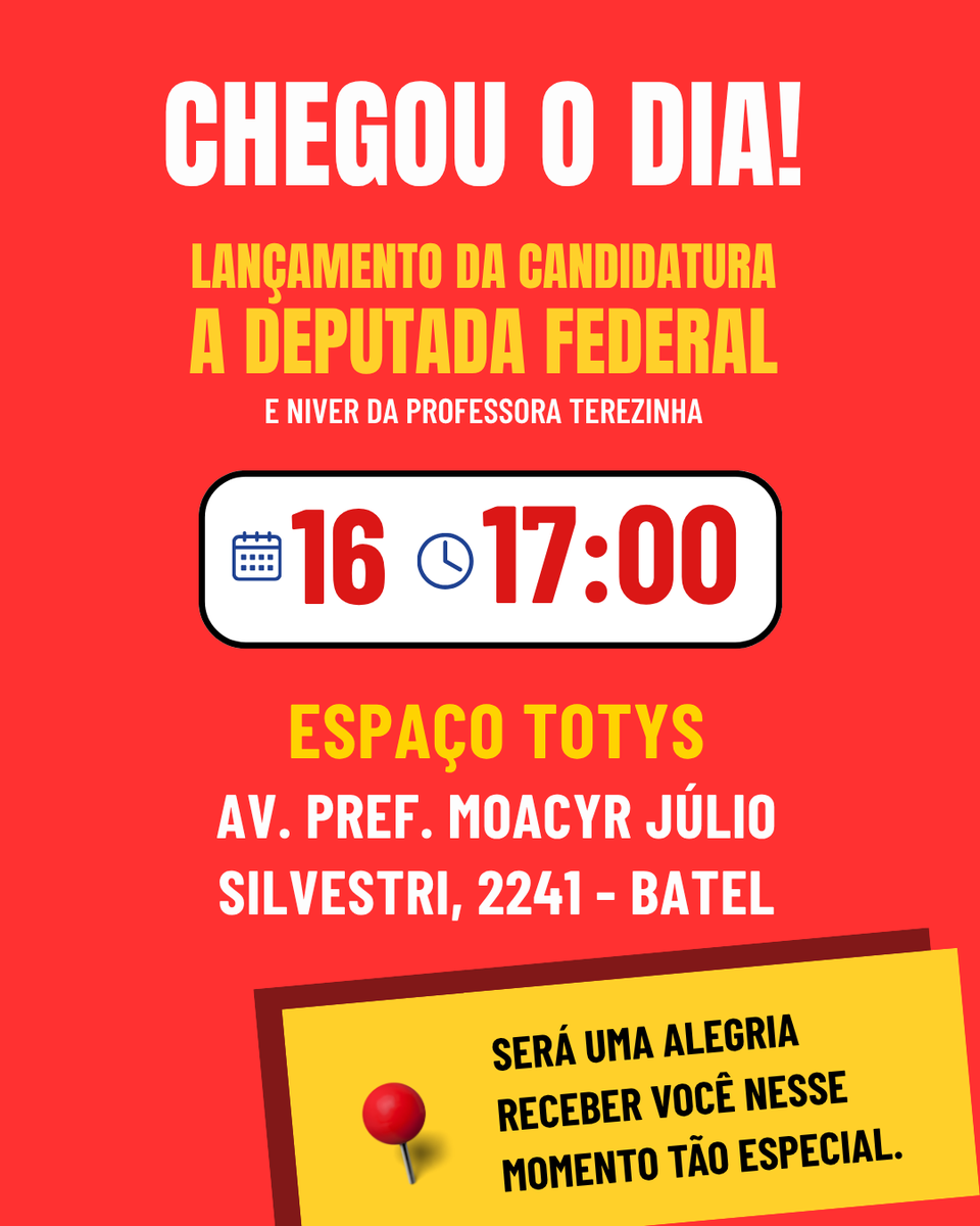 profterezinhaPT's tweet photo. É HOJE! ❤️🚩
Coração batendo forte.
A emoção tomando conta.
Chegou o grande dia!

Hoje é dia de encontro, de esperança e de dar o primeiro passo rumo à vitória.
Esperamos você! ❤️

Professora Terezinha
Atitude que Guarapuava conhece.
Coragem que o Paraná precisa!
Esperamos você! https://t.co/kTRINkHp84