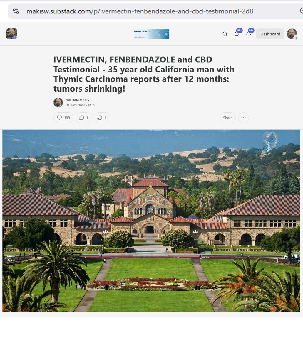 MakisMedicine's tweet photo. NEW ARTICLE: IVERMECTIN, FENBENDAZOLE and CBD Testimonial in Turbo Cancer - 35 year old California man with Thymic Carcinoma (after 3 COVID-19 jabs) reports after 12 months: tumors shrinking!

No one else has Ivermectin in Thymic Carcinoma success stories! 😃

STORY:
35 year old California man with Thymic Carcinoma that developed after 3 COVID-19 Vaccines.

In June 2025 he started:

Ivermectin 1mg/kg/day
Fenbendazole 1500mg/day
CBD Oil 100mg/day

Results after 12 months: "doctors feel his cancer is getting better and in other places stable"

"Thymic carcinoma is a rare, aggressive cancer that starts in the epithelial cells of the thymus gland in the upper chest. Unlike slower-growing thymomas, thymic carcinomas grow quickly, invade nearby tissues (like the lungs or blood vessels), and are harder to treat"

Pfizer and Moderna COVID-19 Vaccines cause very aggressive cancers called "Turbo Cancer" that often shows up at Stage 4 in young people.

They typically don't respond to conventional Oncology treatments but will often respond to repurposed drugs like Ivermectin, Mebendazole and Fenbendazole.

I have helped over 9000 Cancer patients with Ivermectin, Mebendazole and Fenbendazole in the largest "Right to Try" Research project on earth.

Florida is preparing to become the global hub of cutting edge Cancer Research! 😃