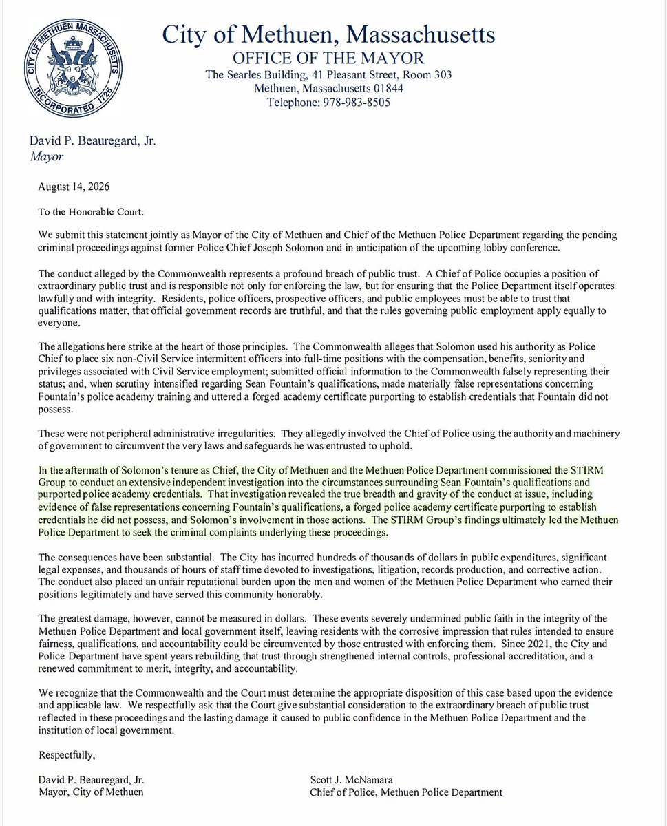 lpsmithauthor's tweet photo. After nearly five years, Methuen finally put the truth on the court record.

When Mayor David Beauregard read the City’s joint statement into the record, Methuen formally acknowledged that it hired STIRM Group to conduct an extensive independent investigation into Sean Fountain’s qualifications and purported police-academy credentials.

The City further acknowledged that our investigation exposed the breadth and gravity of the misconduct, including false representations, a forged police-academy certificate, and former Police Chief Joseph Solomon’s involvement—and that STIRM’s findings led the Methuen Police Department to seek the criminal complaints now before the court.

That is not my characterization. It is Methuen’s.
STIRM did the investigation. We conducted the interviews, followed the evidence, and produced the reports. After years of our work being minimized, the City has finally given the company the credit it earned.
This is not a favor. It is an overdue correction of the public record.

Read the statement for yourself.