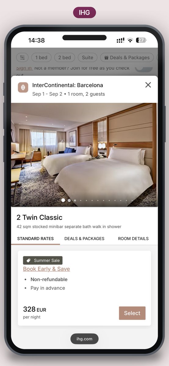 dmtalalai's tweet photo. A Crypto Card turned a €328 hotel night into €267

Same room, same night, three tabs at once. InterContinental Barcelona, Classic Twin, 42 m², 1 to 2 Sep, 2 adults

- @ether_fi Travel: €258.48
  +€23 tax at the property = €281.48

- @bookingcom: €255
  +€26.40 taxes and charges = €281.40

- @InterConHotels direct: €328
  taxes and fees included

Booking and EtherFi land eight cents apart, so that is simply what the room costs that night

The card is what changes it. EtherFi pays 5% travel cashback on the €281.48, so €14.07 comes back

The night lands at €267.41. €13.99 under Booking, €60.59 under the hotel's own site

Have you paid for a hotel with a crypto card yet?