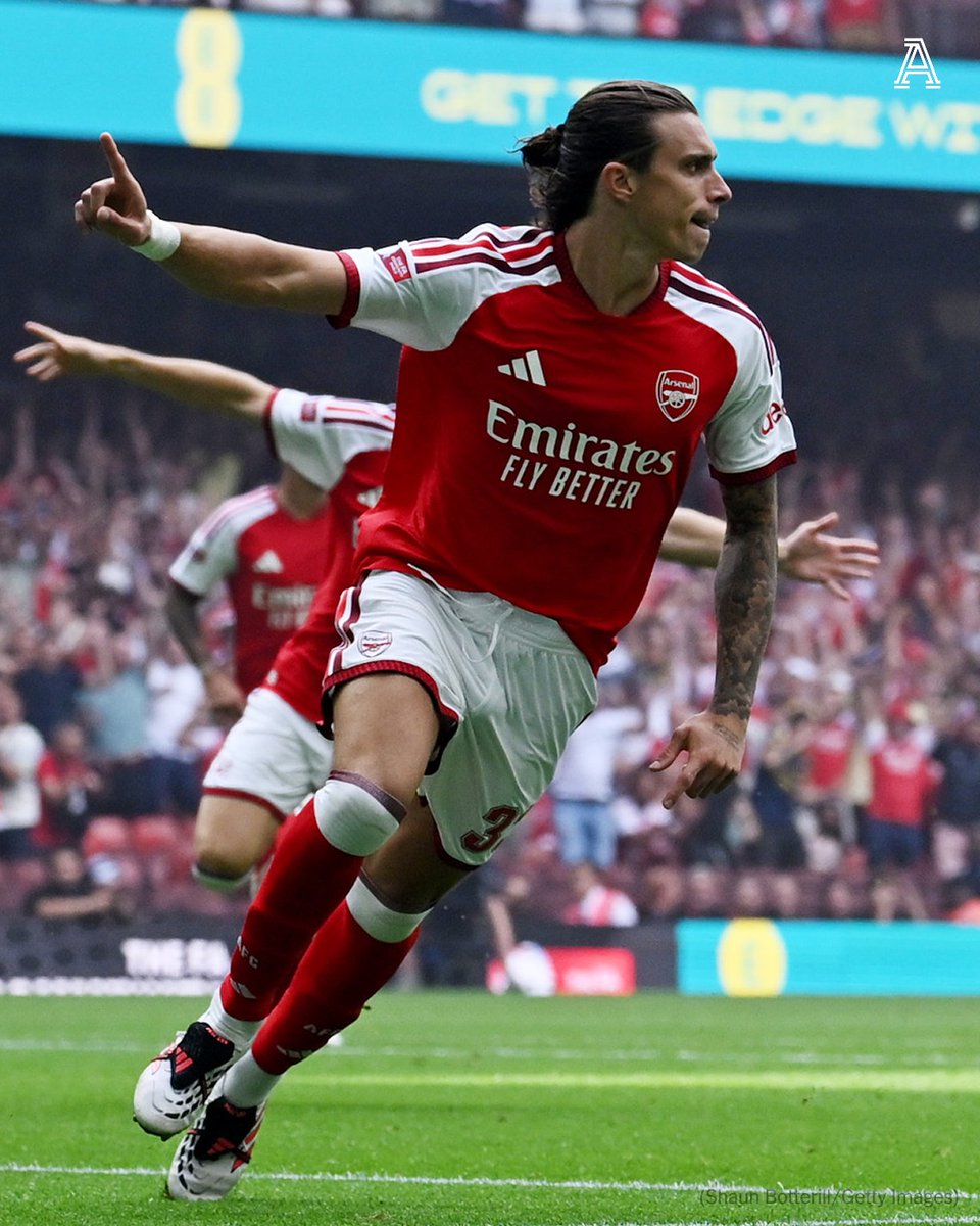TheAthleticFC's tweet photo. Arsenal only need 24 seconds to open the scoring against Manchester City in the Community Shield.

A beauty of a pass from Myles Lewis-Skelly is run onto by Riccardo Calafiori, who slots calmly past Gianluigi Donnarumma.

What a start for the Premier League champions. https://t.co/pZOO8e4J7R