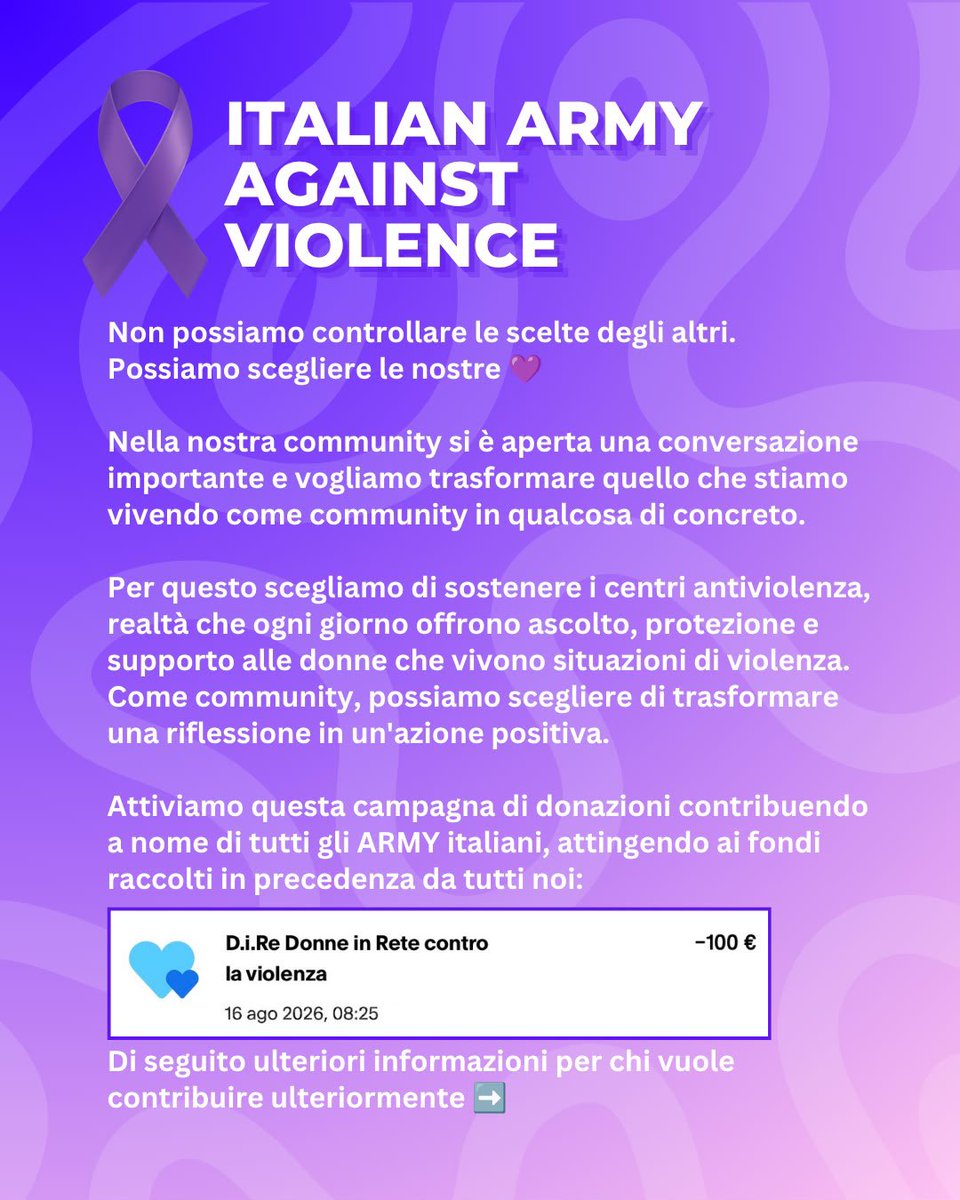 italianarmyfam_'s tweet photo. 💜 Non possiamo controllare le scelte degli altri. Possiamo scegliere le nostre. #ARMYsAgainstViolence #ARMYsAgainstAbusers 

Come abbiamo già anticipato ad alcuni in questi giorni, il modo in cui si è reagito non era quello giusto, indipendentemente dalle proprie opinioni. + https://t.co/H6Pzfdyy1n