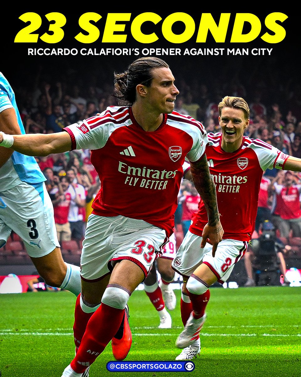 CBSSportsGolazo's tweet photo. Riccardo Calafiori scores the fastest goal recorded in Community Shield history ⚡️ https://t.co/mrNZcq8Idm
