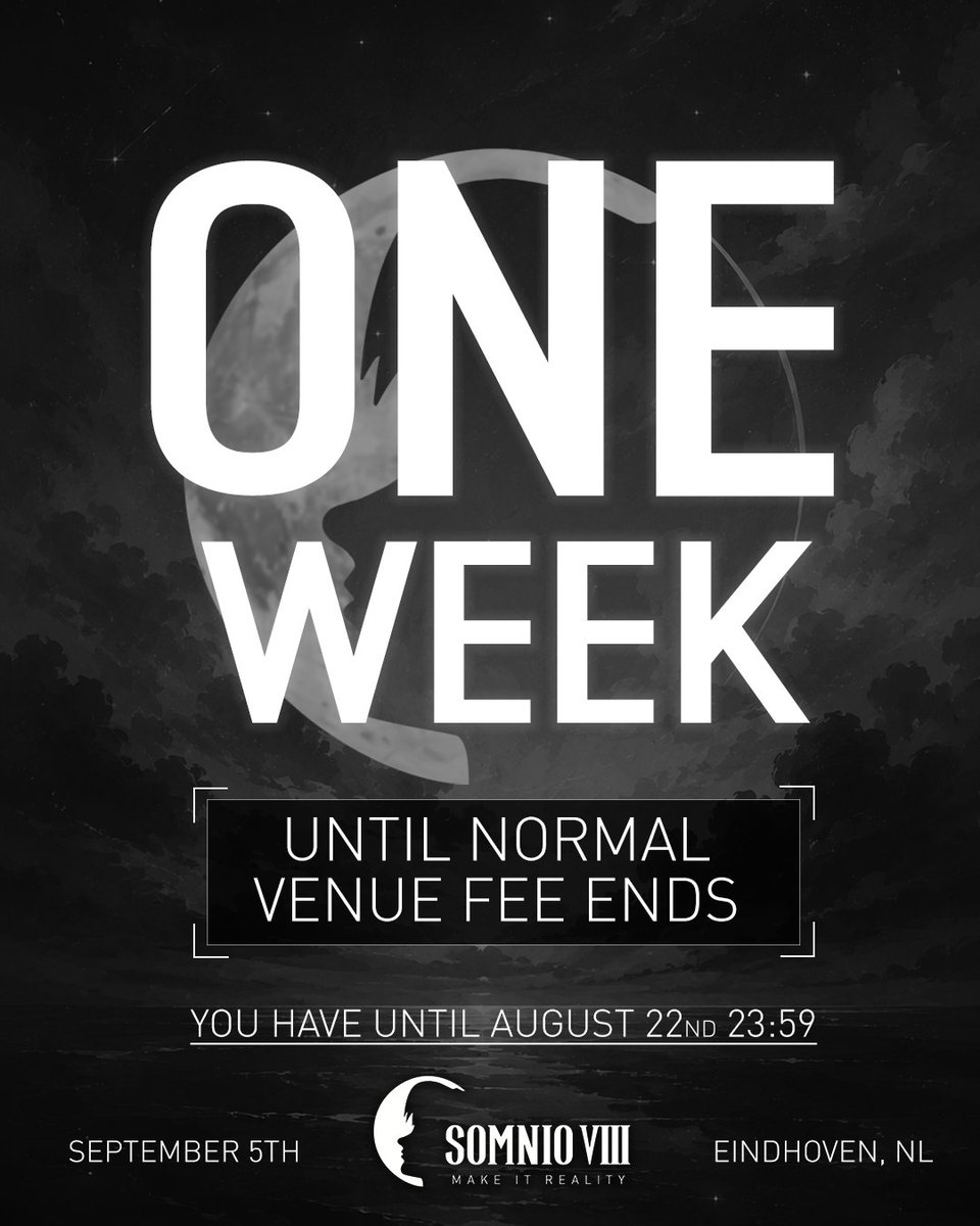 SomnioEvents's tweet photo. In just under three weeks it is time for #Somnio 8!🌖

If you are looking to attend, register soon to take advantage of our normal venue fee, ending in just seven days!

📅5 September 2026
🎮SSBM • SSBU • Rivals 2 • Tekken 8
📌Dynamo, Eindhoven, The Netherlands🇳🇱

Register👇 https://t.co/3qXonszgnD