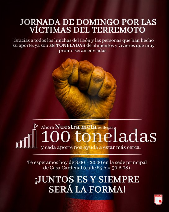 SVargasOK's tweet photo. 🇨🇴👏 Santa Fe informa que ya alcanzó las ¡48! toneladas de donaciones y que buscarán llegar a la meta de 100 durante el día de hoy.

⚠️ Reciben hasta las 8:00 PM en la Sede Principal de Casa Cardenal (Calle 64A # 50B - 08). https://t.co/D8ZMXChELC