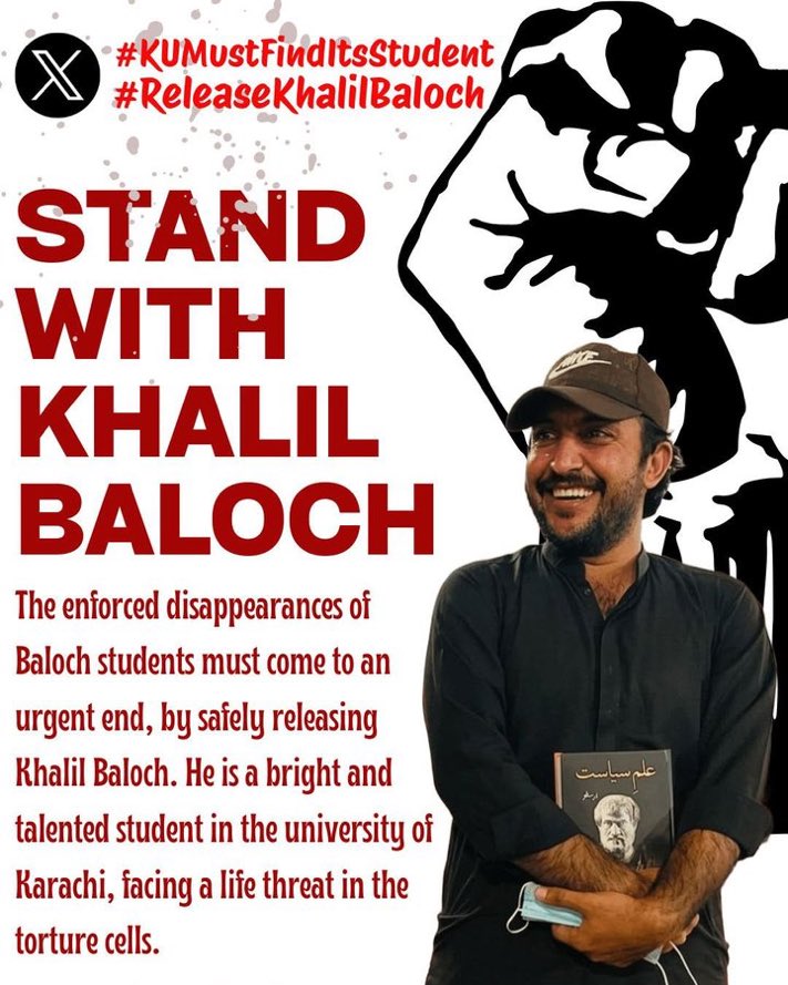 Akmalbaloc's tweet photo. STAND WITH KHALIL BALOCH

The enforced disappearances of Baloch students must come to an urgent end,by safely releasing Khalil Baloch.He is a bright and talented student in the university of Karachi,facing a life threat in the dungeons.
#ReleaseKhalilBaloch
#KUMustFindItsStudent https://t.co/wkKSzApgUn