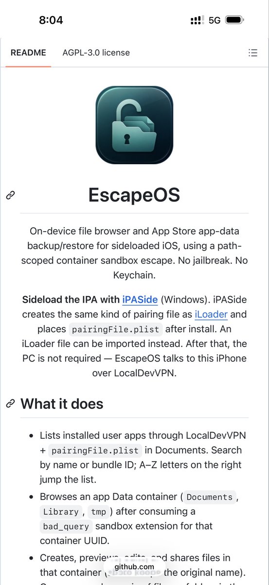 TechBit_M's tweet photo. EscapeOS.. أداة لأجهزة الآيفون بدون جيلبريك!

تصفح بيانات التطبيقات المثبتة، إنشاء نسخة احتياطية لبيانات التطبيقات واستعادتها. 

مباشرة من الآيفون تحتاج ملف Pairing 

الإصدارات المدعومة 

• iOS 26.0 → 26.6.1
• iOS 27.0 Beta 4 https://t.co/c3XOXuRq4A