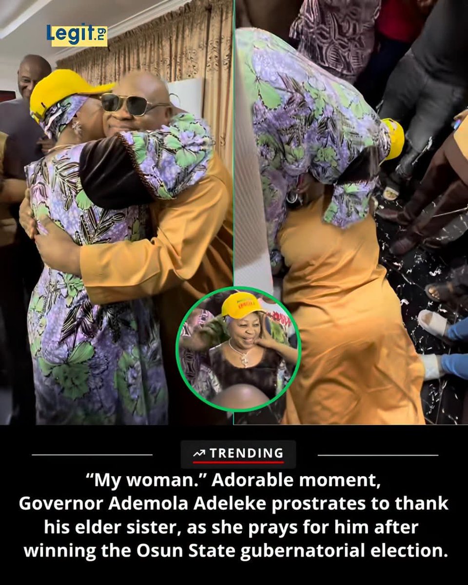 Jahboy_jb's tweet photo. The Adeleke(s)__A Family built on Love and Respect 

Osun State Governor Ademola Adeleke offered a heartfelt show of gratitude and respect when he prostrated before his elder sister following his victory in the 2026 Osun State gubernatorial election.

P credit: official_hamkaz/ig https://t.co/JY21eV0fdL