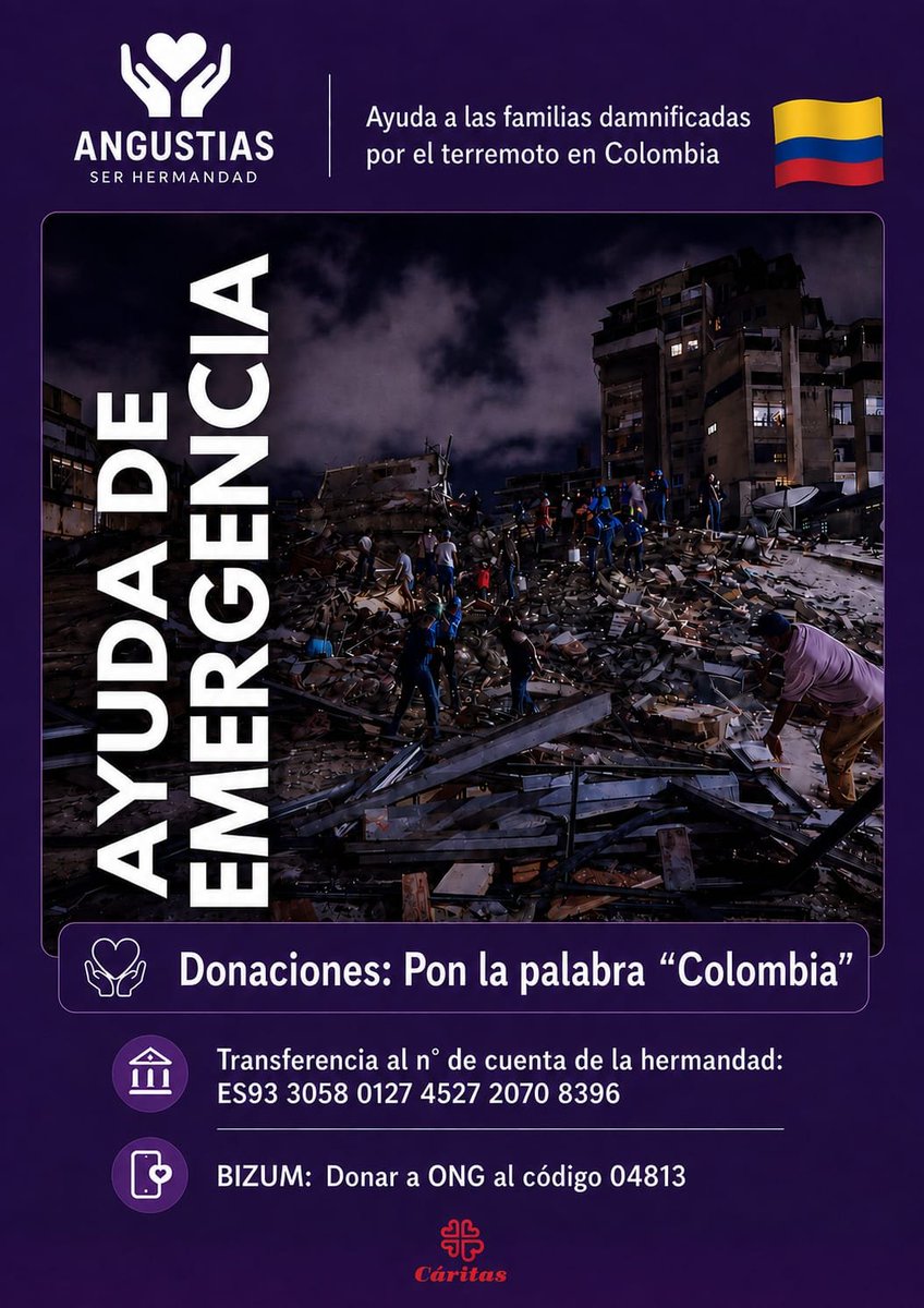 Angustias1911's tweet photo. Queridos hermanos, ante la situación de las víctimas del terremoto de Colombia, nuestra Hermandad ha puesto en marcha una campaña solidaria.

🙏 Toda ayuda cuenta. ¡Gracias por vuestra solidaridad! https://t.co/4hLrLtKWPK