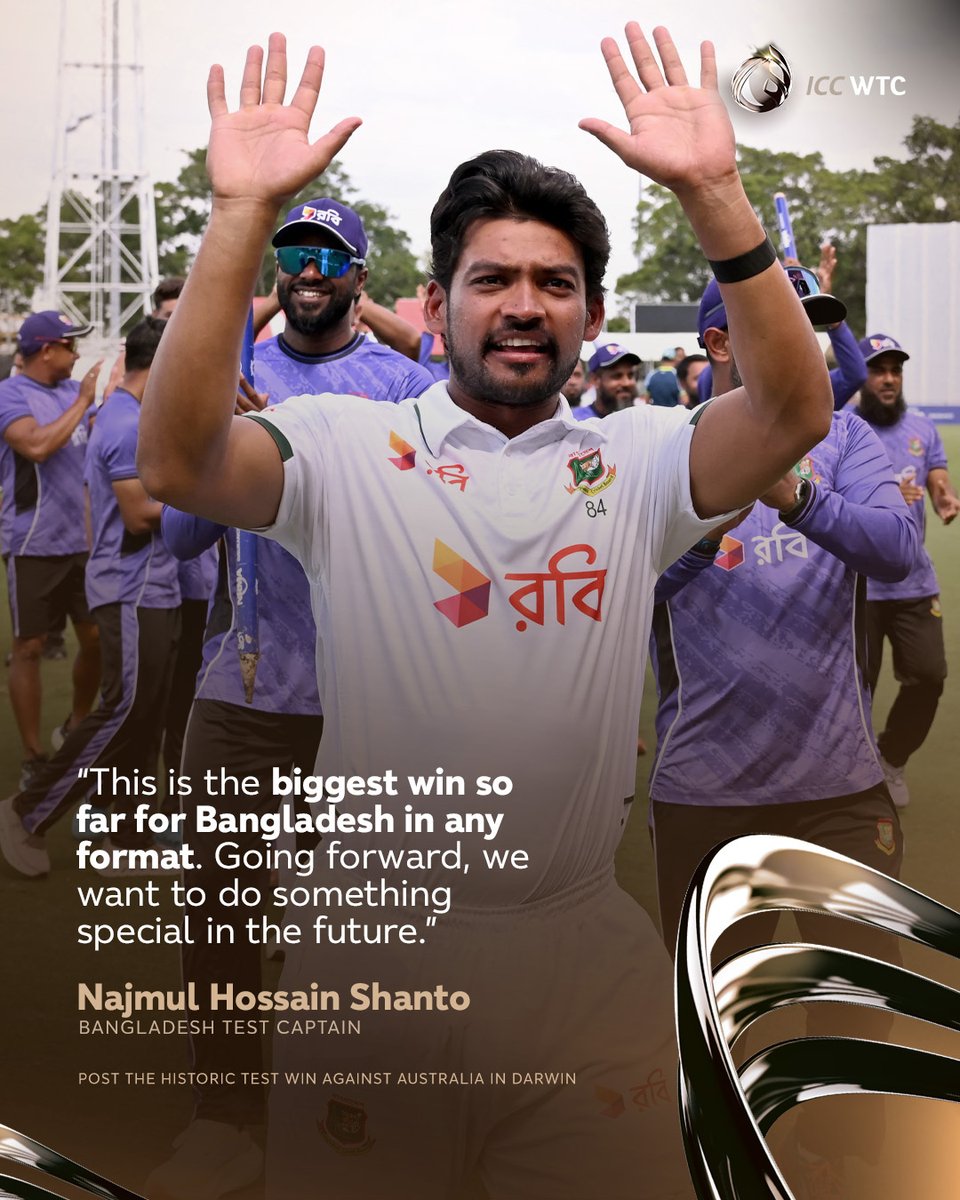 ICC's tweet photo. Bangladesh Test skipper Najmul Hossain Shanto termed the Darwin victory as a win for the ages 🤩
 
#WTC27 | More ➡️ https://t.co/BAtrRfsBg5 https://t.co/I37aRLWHTl