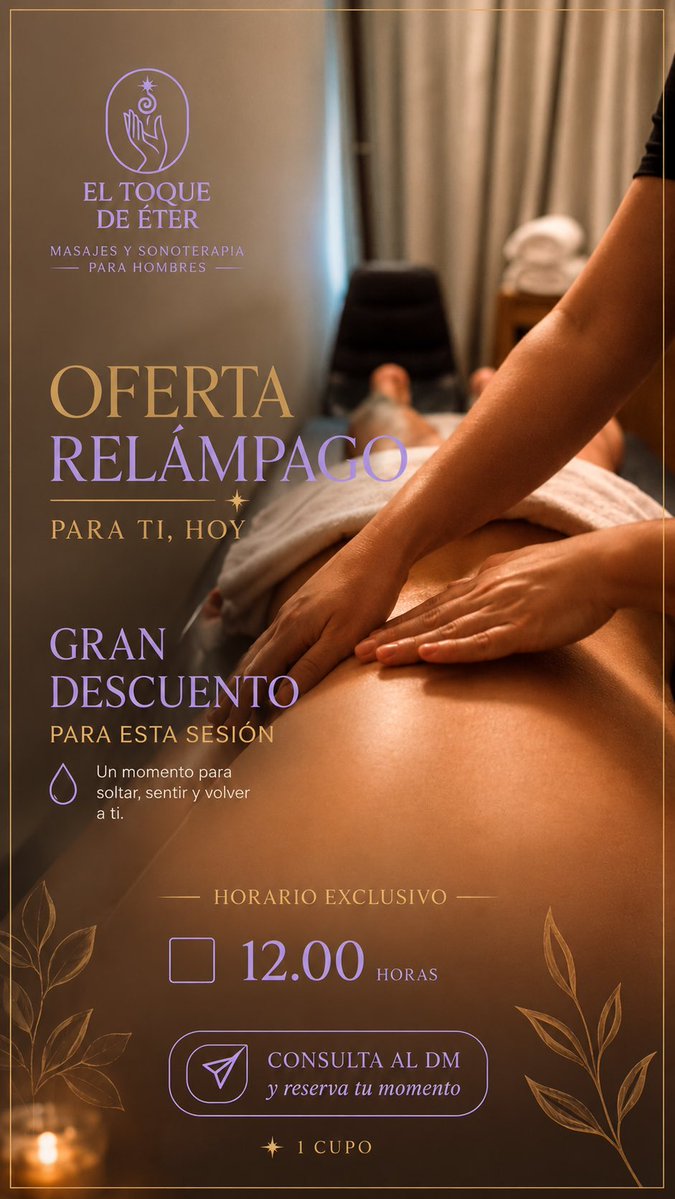 eter_masajes's tweet photo. 🚨OFERTA RELÁMPAGO 🌩️ 

Descuento para sesión de las 12.00 hrs hoy domingo. 

Consultas al DM 

IG https://t.co/E2NtGZXzBx https://t.co/LxRzYiBESr