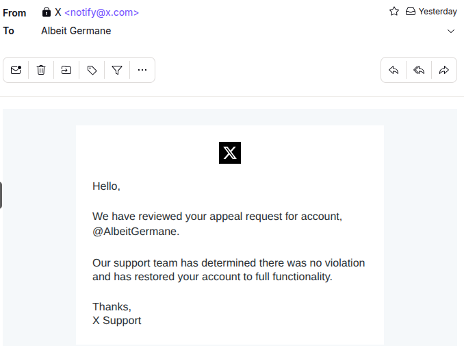 AlbeitGermane's tweet photo. For the curious, my 3 day suspension. 
(no notification, no why or how long, just wait)

It's demoralizing, but it made me reconsider... so I got that going for me... which is nice. https://t.co/PGe57D7S5Q