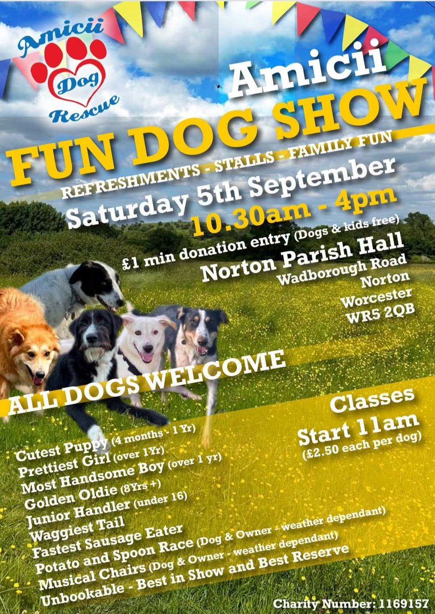 rescuedoggypaws's tweet photo. A date for your diaries. Amicii Fun Dog Show is on Saturday 5th September in #Norton #Worcester #Worcestershire
#Whittington #Powick #Rushwick #Malvern #Broadheath https://t.co/GIsU4Pf4xN