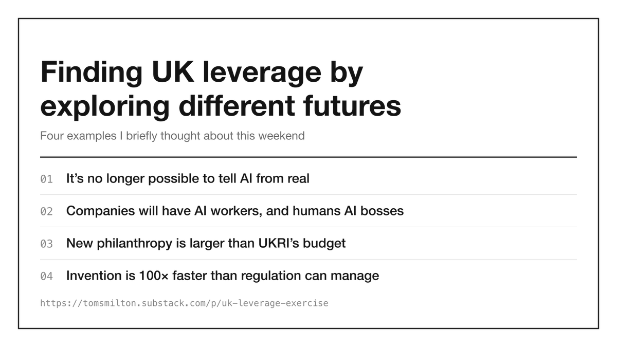tsmilton_amodo's tweet photo. I really like @callumzcoleman and @ed_lawrence_'s idea that the AI taskforce's mission should be leverage, so this weekend I chose to muse about a few different futures and how the UK can have leverage in them:
https://t.co/QRkDLysymn https://t.co/5l9hwnmaR8