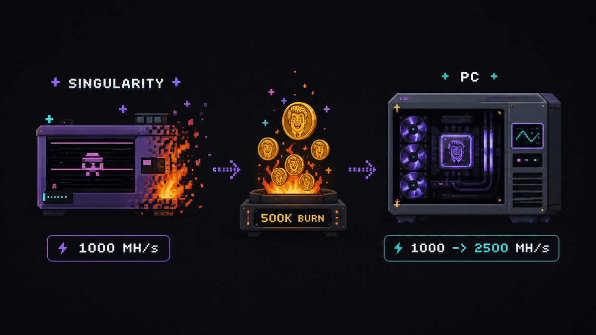 ponsdotRIG's tweet photo. What the PC actually is 💻?

Burn a Singularity, the rarest machine in the game, plus 500,000 $PONSRIG.
You get back a PC that mines at 2,500 MH/s instead of 1,000.

Two and a half times the power, and one machine gone from the collection forever. https://t.co/batbFygD6Q