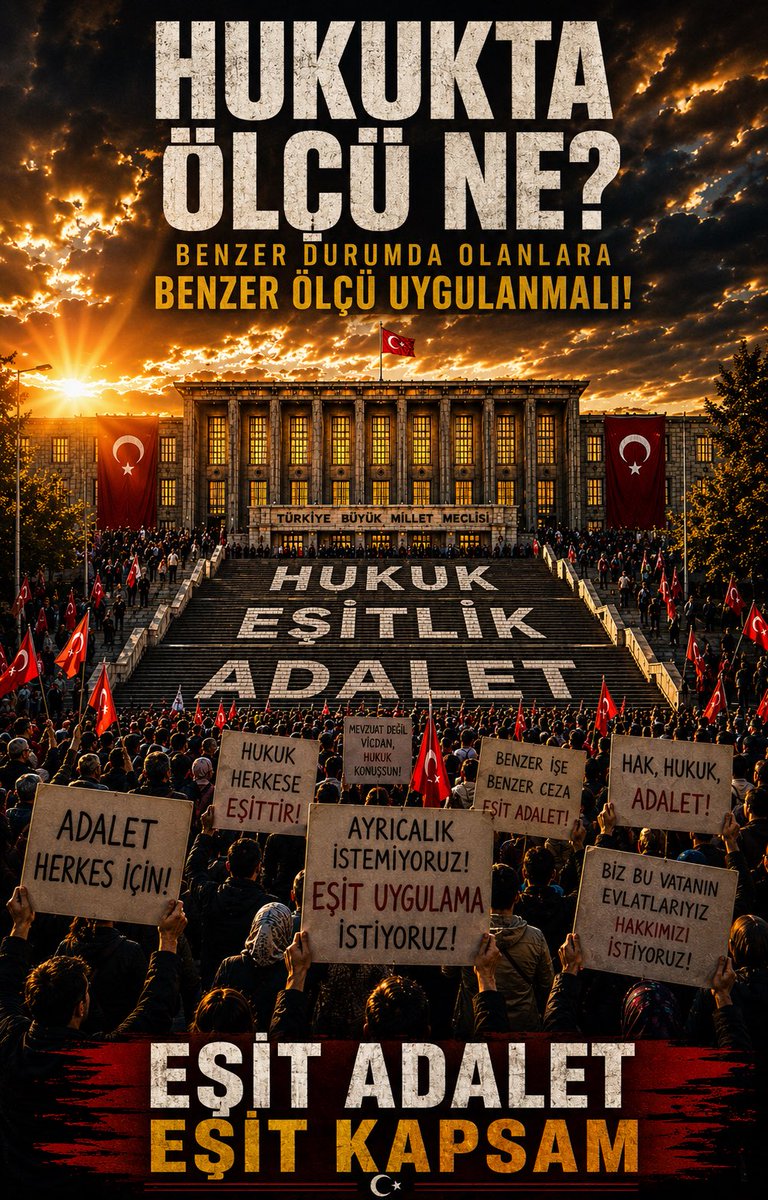 seeennaa11's tweet photo. 🇹🇷İNFAZDA EŞİTLİK, HAKLARIN ORTAK BİR ÖLÇÜYLE DEĞERLENDİRİLMESİDİR
⚜️Hukuki durumları birbirine benzeyen kişilerin infaz sonuçları arasında fark oluşuyorsa, bu farkın objektif ve anlaşılabilir bir gerekçesi bulunmalıdır.
⚜️Farklılıkların meşru bir amaca dayanması ve ölçüyü aşmaması gerekir.
⚜️Adaletin kalıcılığı, kişilere göre değişmeyen hukuk standartlarının korunmasına bağlıdır.
🇹🇷EŞİT ADALET – EŞİT KAPSAM 🇹🇷
@YildizFeti