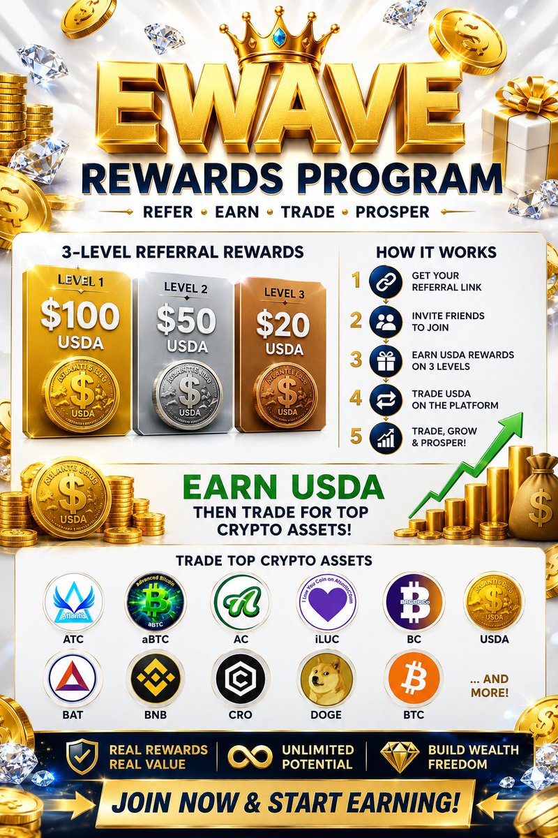 ewave_market's tweet photo. 🚀🌊 Ewave Rewards Program is here! 💎💰

Turn referrals into rewards — then turn your USDA rewards into trading opportunities! 🔥

🎁 3-Level Referral Rewards:
🥇 Level 1 — $100 USDA
🥈 Level 2 — $50 USDA
🥉 Level 3 — $20 USDA

🏆 How it works:

1️⃣ Register through our link

2️⃣ Invite friends to join

3️⃣ Earn USDA rewards across 3 referral levels

4️⃣ Use your USDA to BUY, SELL & TRADE available digital assets

5️⃣ Explore assets like ATC, aBTC, AC, iLUC, BC, BTC, BNB, DOGE & more 📈🔥

💎 Refer. Earn. Trade. Grow.
Your network can unlock new trading opportunities.

🚀 REGISTER & START YOUR JOURNEY:

🔗 [ https://t.co/3xD1EC89yN ]

#Sidra #SidraChain #SidraDex #SDA #Crypto #Bitcoin #BTC #Trading #CryptoTrading #Altcoins #Web3 #Blockchain #Cryptocurrency #Binance #BNB #Ethereum #ETH #DOGE #CryptoCommunity #DeFi #DigitalAssets #TradingCommunity #PassiveIncome #Referral #Rewards #Ewave #AtlantisPro