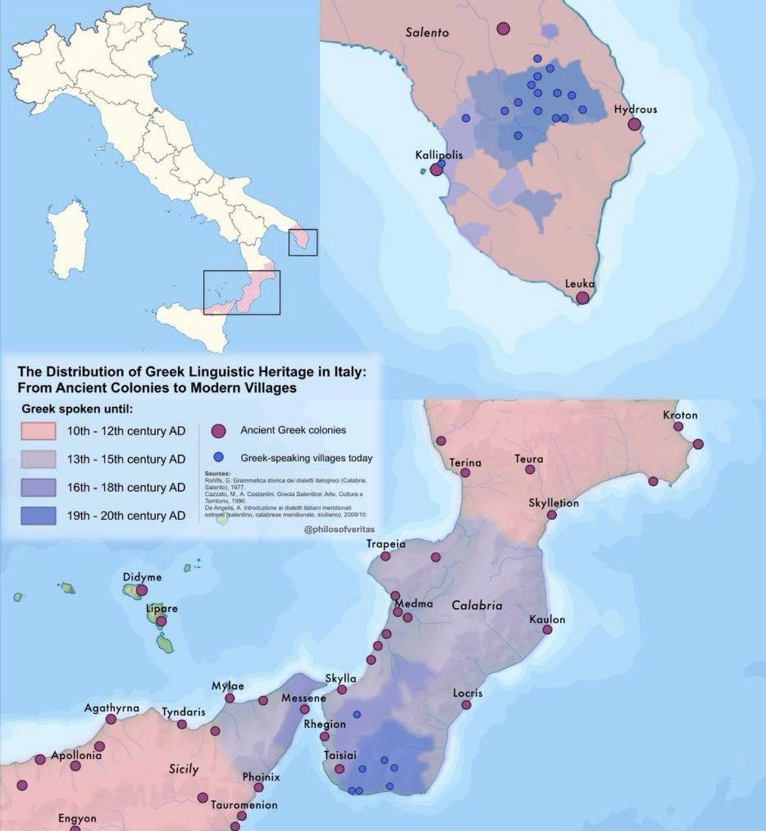 neolatyno's tweet photo. Greek is still spoken in Italy!

The Griko, Grecanico, or Greco-Italiot dialects are directly derived from Koinè Greek and they’re spoken daily in 25 municipalities between the regions of Apulia, Calabria, and Sicily, corresponding to the ancient colony of Magna Graecia. https://t.co/1XQYVfXw6V