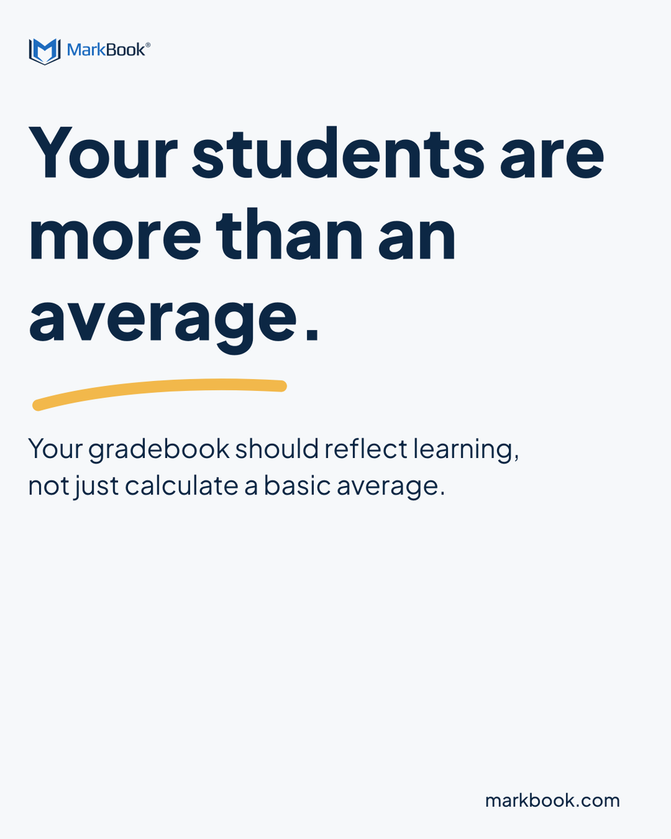 markbook's tweet photo. Students are more than an average.

MarkBook® gives teachers the flexibility to use weighting and professional judgement so grades can better reflect the full body of evidence.

Assessment should support learning, not just calculate it.

https://t.co/29y9hzeweg

#EdTech #Teachers https://t.co/QlBtvZOC1h